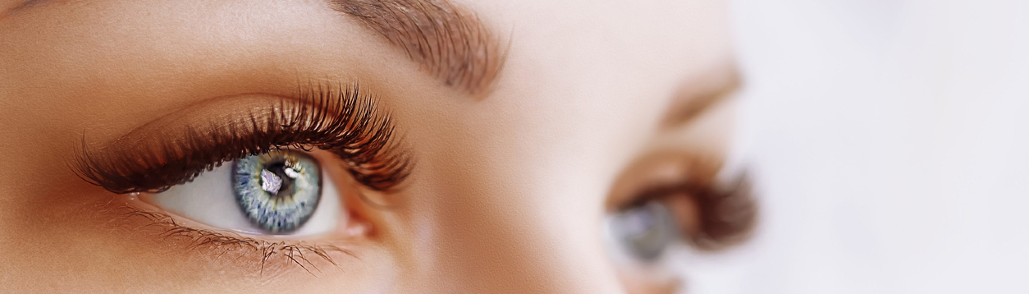 Eyelash Extension Procedure. Woman Eye with Long Eyelashes. Lashes. Close up, macro, selective focus